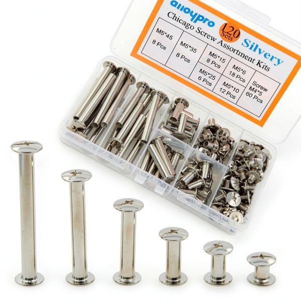 Alloypro 120 Pcs (60 Pair) M5 x 6/10/15/25/35/45 Silvery Phillips Chicago Screws Binding Screw Posts,Scrapbook Photo Albums Binding Screws Assorted Kit 6 Sizes for Leather Saddles Purses Belt Repair-0