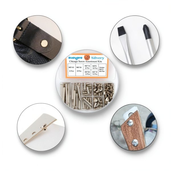 Alloypro 120 Pcs (60 Pair) M5 x 6/10/15/25/35/45 Silvery Phillips Chicago Screws Binding Screw Posts,Scrapbook Photo Albums Binding Screws Assorted Kit 6 Sizes for Leather Saddles Purses Belt Repair-4